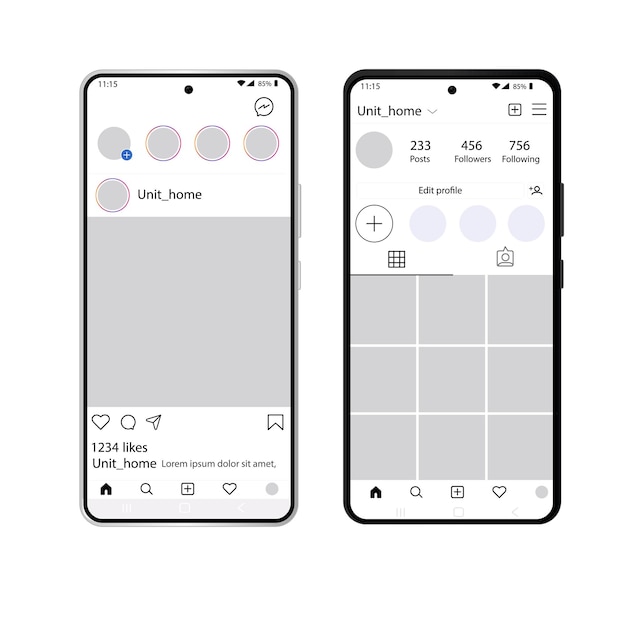 Vector mobiele instagram-interfacesjabloon in zwart-wit