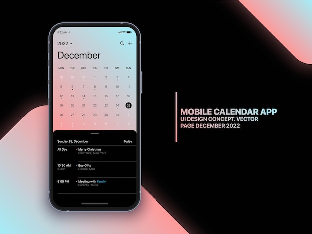 Mobiele kalender app concept december 2022 pagina met takenlijst en taken ui ux design vector op realistische iphone scherm mockup geïsoleerd op achtergrond smartphone business planner toepassingssjabloon