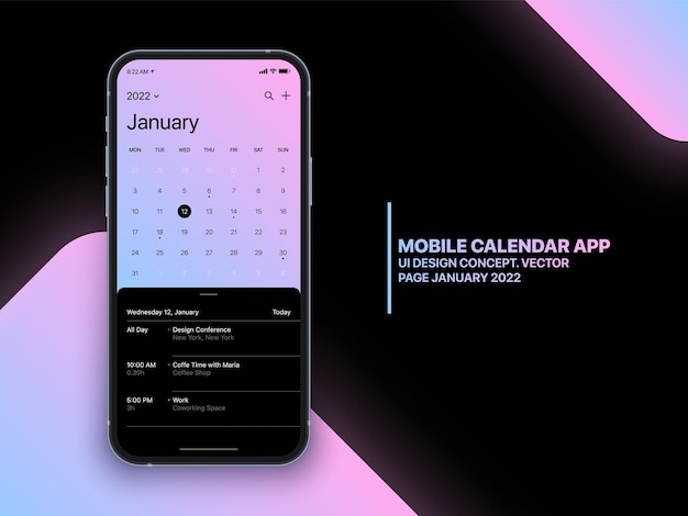 Mobiele kalender app concept januari 2022 pagina met takenlijst en taken ui ux design vector op realistische telefoon scherm mockup geïsoleerd op achtergrond. smartphone business planner-toepassingssjabloon