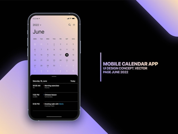 Vector mobiele kalender app vector concept juni 2022 pagina met takenlijst en taken ui ux design op realistische telefoon scherm mockup geïsoleerd op achtergrond. smartphone business planner-toepassingssjabloon