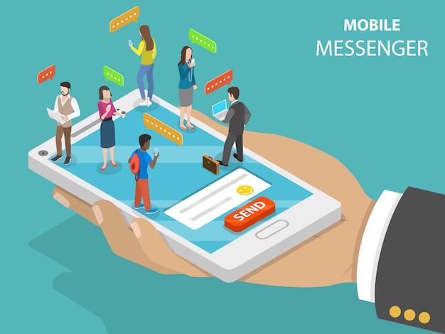 Mobiele messenger plat isometrische vector concept.