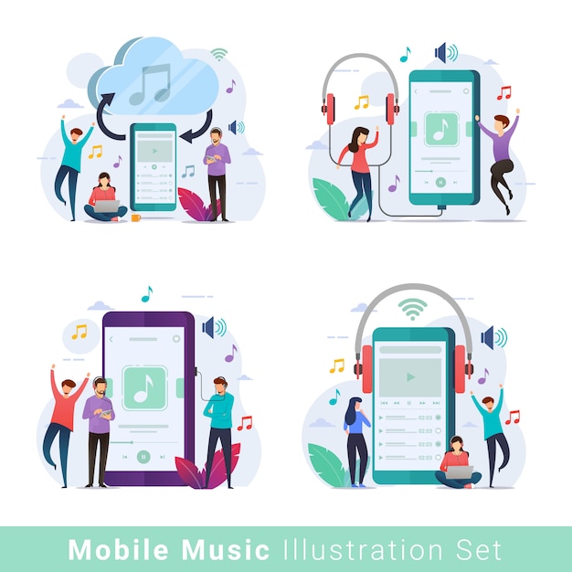 Mobiele muziekspeler illustratie set