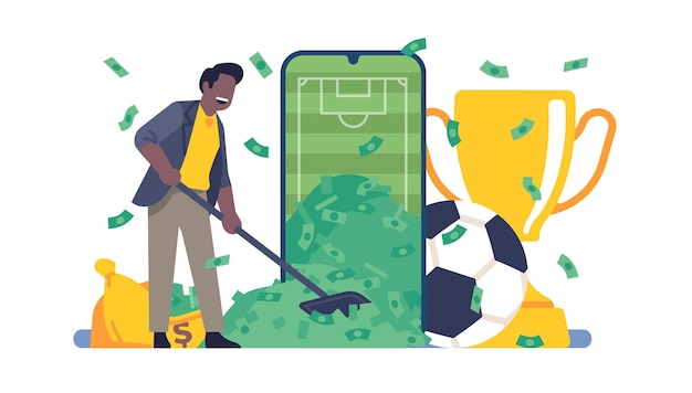 Mobiele online app voor sportweddenschappen Voetbalweddenschappen Succesvolle man met geldhopen Smartphone-applicatie Toekenning voetbalkampioenschap Telefoonscherm en stapel bankbiljetten Vectorconcept