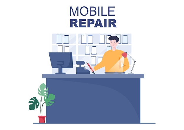 Mobiele reparatie van een telefoon of smartphone electronics service cartoon afbeelding