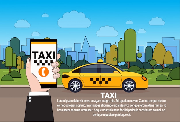 Mobiele taxi service hand met slimme telefoon met online bestelling app over gele cabine auto op weg