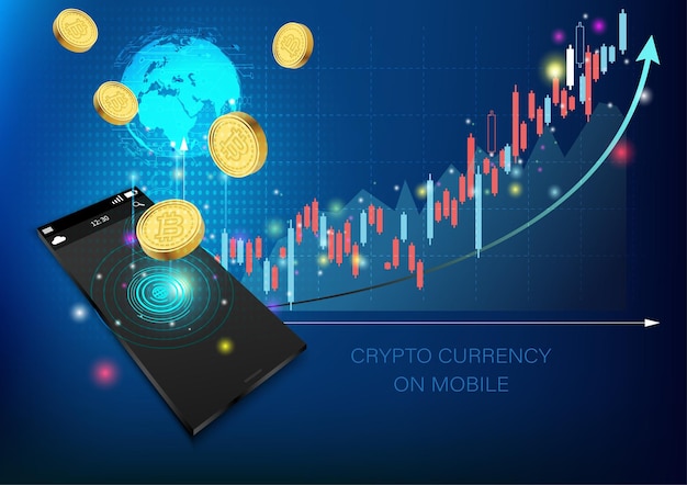 Mobiele telefoon en financiële grafiektechnologie-element op mobiele telefoon en bitcoin