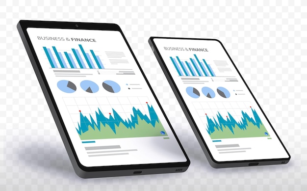 Vector mobiele telefoon- en tabletcomputerschermen met financiële grafieken en grafieken