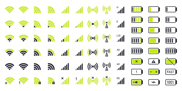 Mobiele telefoon indicatoren Smartphone wifi en batterij iconen 5G en wifi signaalsterkte batterij laadniveau platte vector illustratie set Netwerk draadloze symbolen