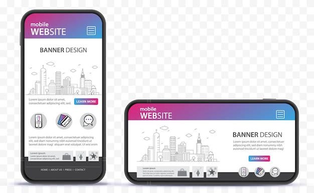 Vector mobiele websiteontwerp met mobiele telefoonmockup horizontale en verticale smartphones op transparante b