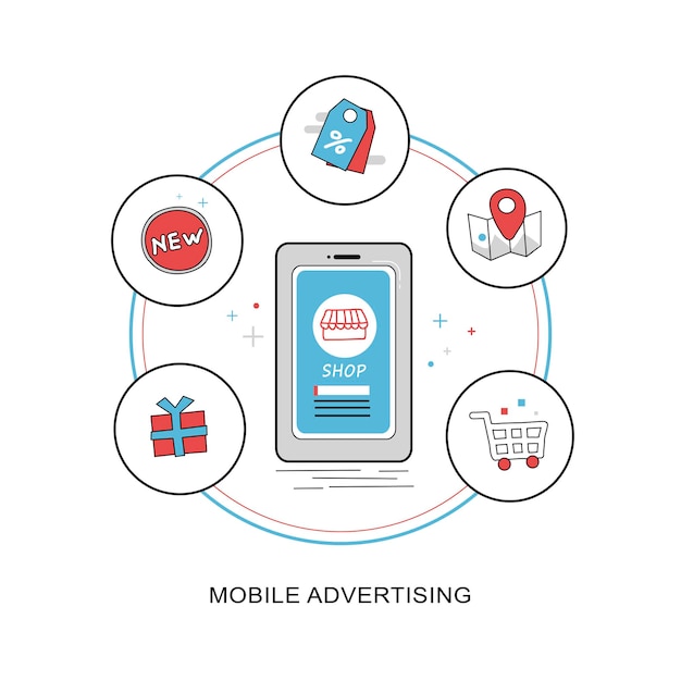 mobile advertising concept in flat thin line design