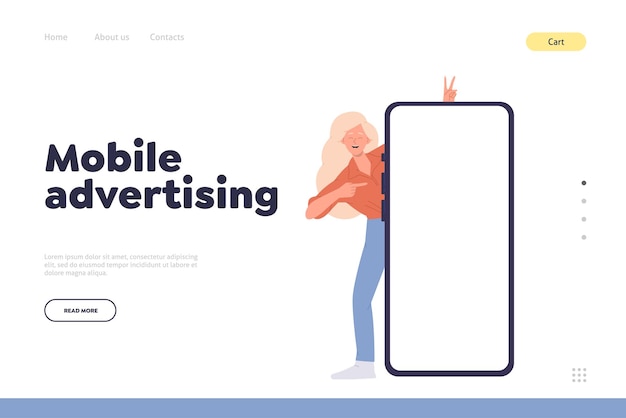 ベクトル モバイル広告のランディングページデザインのテンプレート - 空の白い画面を指している幸せな興奮した女性 - オンラインサービスのためのウェブサイトベクトルイラスト - モバイル電話プロモーションのための最高のアイデアを提供する