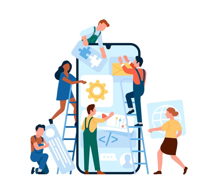Vector mobile app building. cartoon people collect icons and buttons in smartphone. website ui designers or programmers work with phone application. software development and ux digital design. vector concept