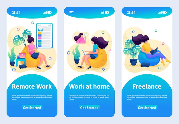 Mobile app design, template. 2D character. The girl works at a remote job, work at home.