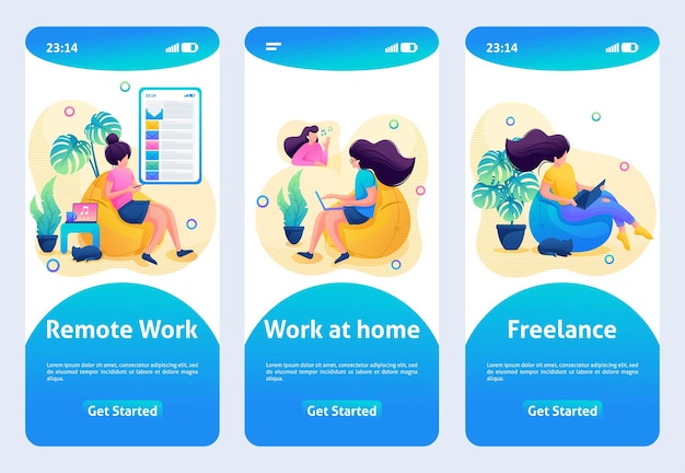Дизайн мобильного приложения, шаблон. 2d персонаж. девушка работает удаленно, работает дома.