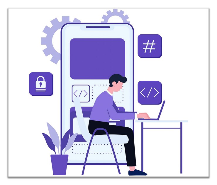 Vector mobile app developer working on a laptop