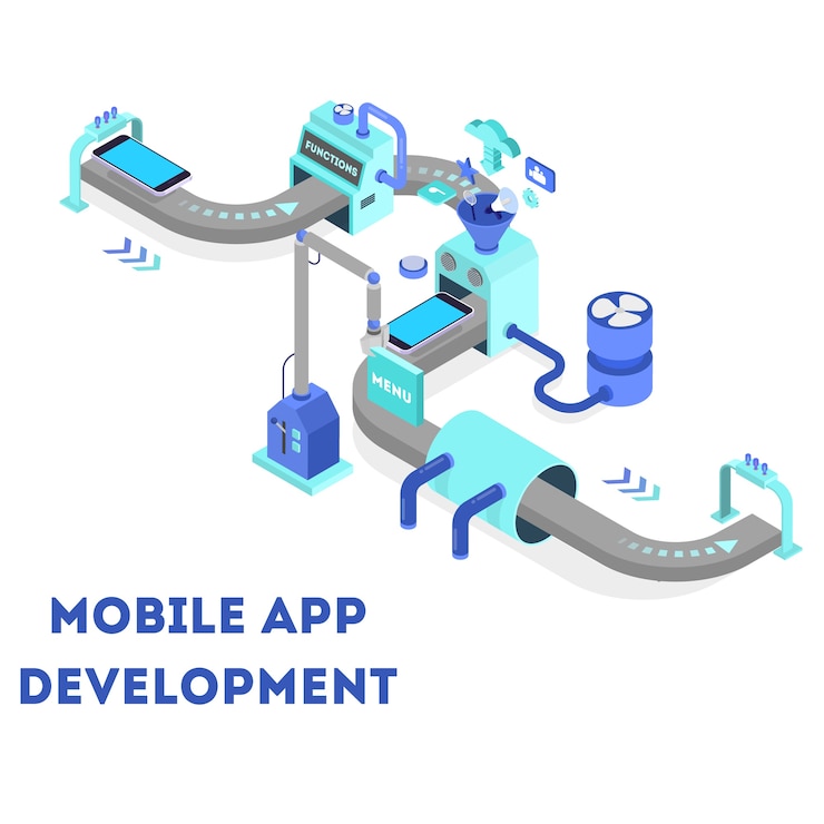Vector mobile app development concept. modern technology and smartphone interface design. application building and programming. vector isometric illustration