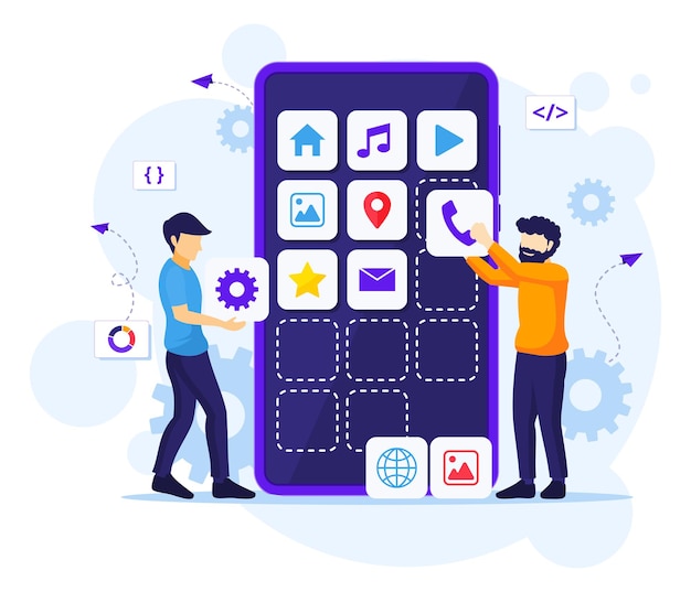 モバイルアプリ開発のコンセプト、巨大なスマートフォンのフラットイラストでソフトウェアアプリケーションを構築および作成する人々
