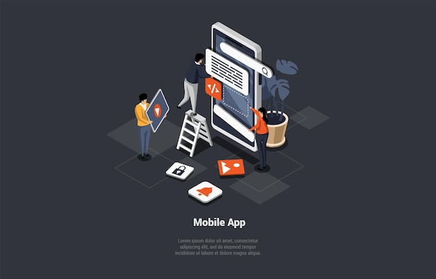 Mobile App Development and Design Mobile Application Debug Sketch Layout on Smartphone Or Tablet People Testing Usability Interface Website for Different Devices Isometric 3d Vector Illustration