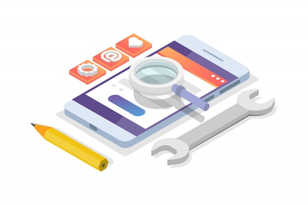 Vector mobile app development isometric concept.  landing page template.  illustration.