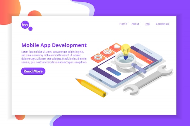 Mobile app development isometric concept.  landing page template.  illustration.