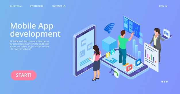 Mobile app development. isometric interface development vector landing page