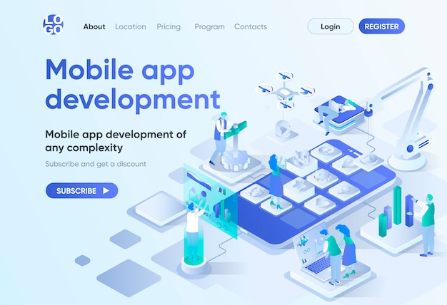 Premium Vector | App development isometric landing page vector template.