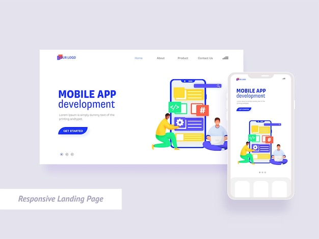 白色のモバイルアプリ開発ランディングページデザイン。