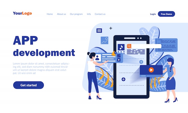 ヘッダー付きのモバイルアプリ開発ベクターランディングページ