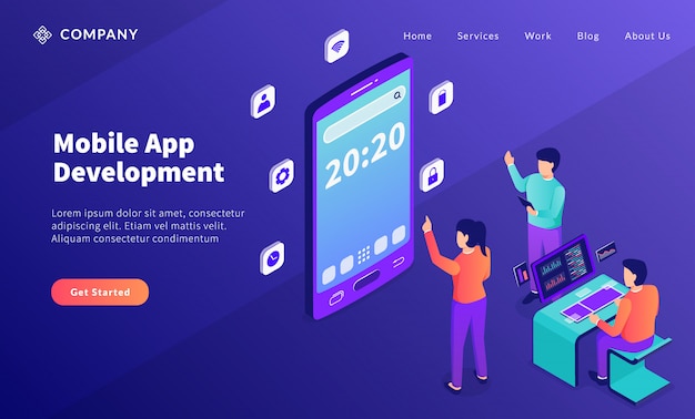 Mobile app development with team developer and big smartphone icon