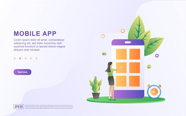 모바일 애플 리 케이 션 평면 디자인 컨셉입니다. 여자는 모바일 응용 프로그램을 시도하고 있습니다. 모바일 앱을 설치하거나 업데이트하십시오.