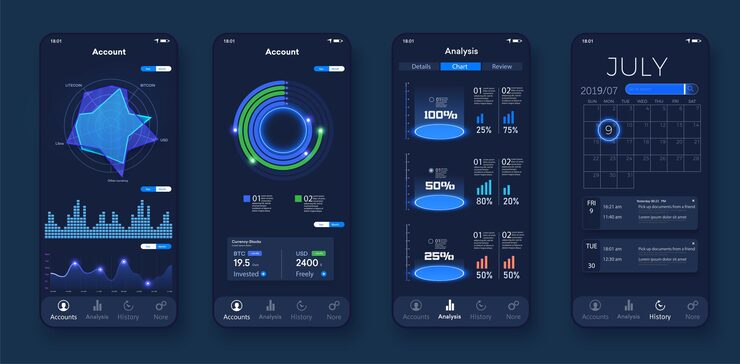 Vector mobile app infographic template with modern design weekly and annual statistics graphs pie charts workflow web design ui elements easy to edit calendar round diagrams and schemas web interface