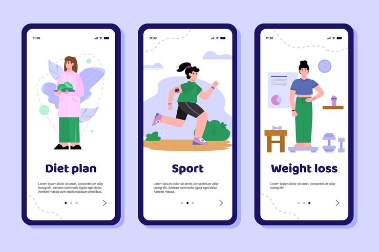 Vector mobile app interface on phone screen with concept of loss and control weight