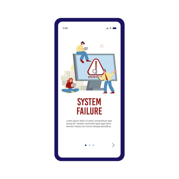 Pagina della guida di onboarding dell'app mobile per l'illustrazione vettoriale piatta dell'errore di sistema