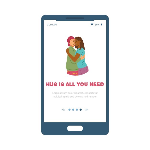 Vector mobile app onboarding page with hugging women flat vector illustration