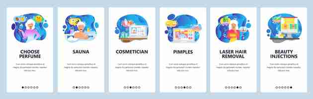 Vector mobile app onboarding screens beauty salon spa beauty clinic injections cosmetics and perfume vector banner template for website and mobile development web site design flat illustration