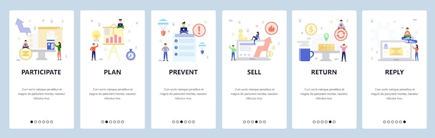 Mobile app onboarding screens business and office icons financial report and presentation check list...