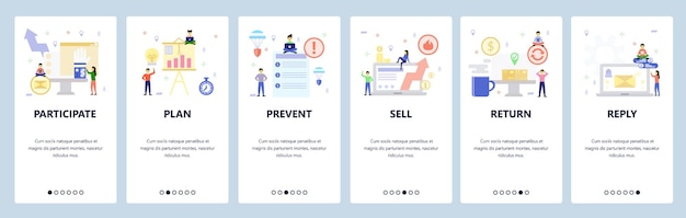 Mobile app onboarding screens business and office icons financial report and presentation check list...