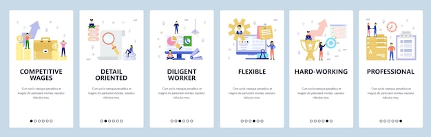 Mobile app onboarding screens. Business and office workspace, team work, achievements, contract. Menu vector banner template for website and mobile development. Web site design flat illustration.