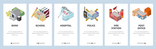 モバイルアプリのオンボーディング画面。市の建物、銀行、警察、病院、学校、消防署。