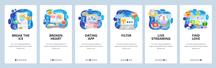 Vector 모바일 앱 온보딩 화면 데이트 서비스 러브메시지 필터 프로필 검색 라이브 스트리밍 영상...