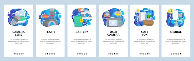 Schermate di onboarding delle app mobili. fotocamera digitale e flash, fotografia, obiettivo, gimbal. modello di banner vettoriale del menu per lo sviluppo di siti web e dispositivi mobili. illustrazione piana di progettazione del sito web.