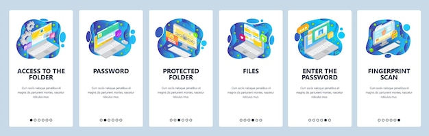 Vector mobile app onboarding screens files secure access cyber security account login password fingerprint scan vector banner template for website and mobile development web site design flat illustration