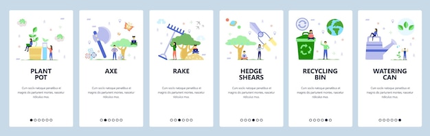 Schermate di onboarding delle app mobili. giardinaggio, alberi tagliati, cesoie per siepi, impianti di irrigazione, cestino per la raccolta differenziata. modello di banner vettoriale del menu per lo sviluppo di siti web e dispositivi mobili. illustrazione piana di progettazione del sito web.