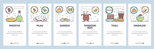 Vector mobile app onboarding screens indian and southeast asia cuisine food pilau thali roti samosa menu vector banner template for website and mobile development web site design flat illustration