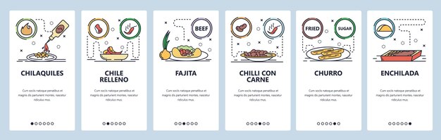 Vector mobile app onboarding screens mexican cuisine cafe food menu chilli fajita churro vector banner template for website and mobile development web site design flat illustration