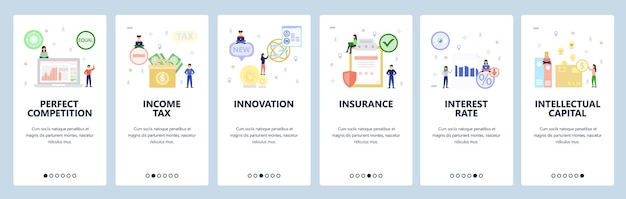 ベクトル モバイルアプリのオンボード画面 投資収入税 保険金利 メニュー ベクトル バナー テンプレート ウェブサイト ウェブサイトデザイン フラット イラスト