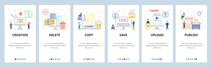 Vector mobile app onboarding screens secure file access download and upload typewriter delete computer files menu vector banner template for website and mobile development web site design flat illustration