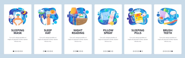 Schermate di onboarding delle app mobili. maschera per dormire, comodino con libro, cuscino, sonniferi. modello di banner vettoriale del menu per lo sviluppo di siti web e dispositivi mobili. illustrazione piana di progettazione del sito web.