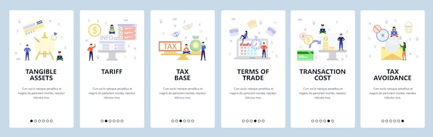 ベクトル モバイルアプリのオンボーディング画面 - ビジネス資産の利益のバランス - 取引コストの避税 - ウェブサイトとモバイル開発のためのメニューベクトルバナーテンプレート - webサイトデザイン - フラットイラスト