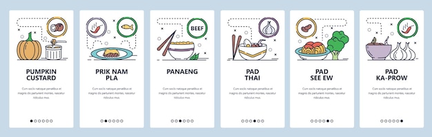 Vector mobile app onboarding screens thai spicy cuisine food menu pad thai panaeng sauce rice vector banner template for website and mobile development web site design flat illustration